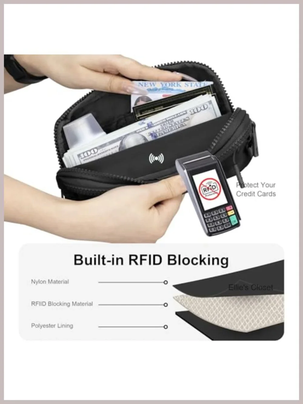 Nylon RFID Wristlet Crossbody Bag 4 Zippers Adjustable Strap